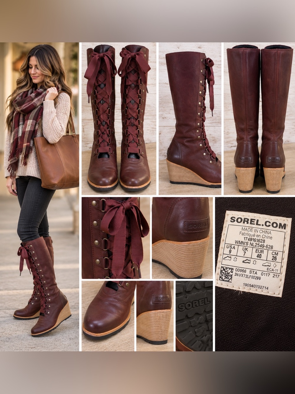 Sorel Women’s Burgundy Leather Lace-Up Wedge Tall Boots Size 9
